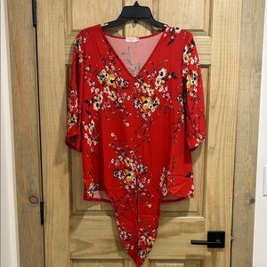 Elegant Red Floral V-Neck Blouse